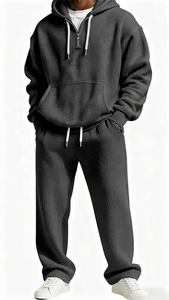 Ensemble sweat à capuche côtelé et pantalon de survêtement bordeaux pour homme, taille élastique avec cordon de serrage, tenue décontractée pour l'automne - Product Image 4