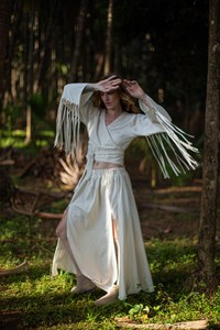 Falda larga Bohemia marfil de algodón orgánico con bolsillos con aberturas laterales, diseño fluido hecho a mano, transpirable, teñido liso, cintura Natural - Product Image 3