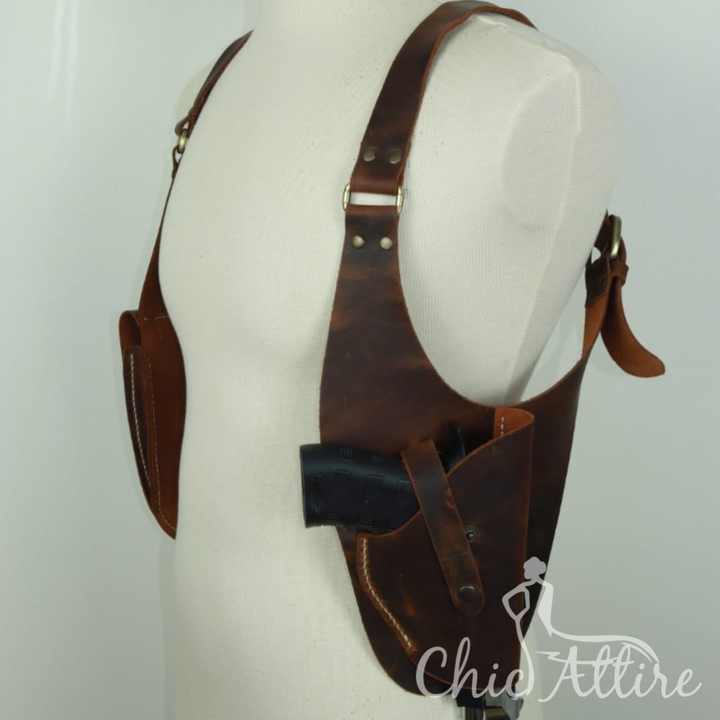 Hot Sale 2024 Real Handmade Cowhide Leather Vertical Concealed Holster With Double Mag Hander Western Concealed Carry Cowboy Bag