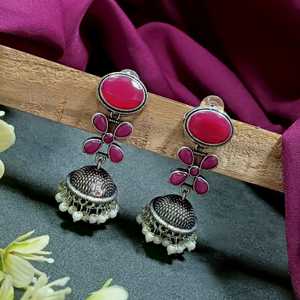 Efulgenz Indian Earrings for Women Antique Oxidized Red Crystal <b>Jhumka</b> Dangle Earrings Set with Faux Pearl Jewelry for Women - Product Image 2