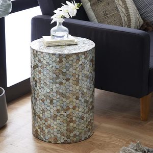 Taburete lateral con incrustaciones de hueso redondo con patrón geométrico para decoración del hogar moderna y étnica a precio mayorista por - Product Image 5