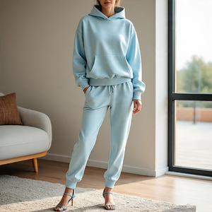 Women's Custom Sports Jogger Hoodie Sweatpants Set Heavyweight <b>Tracksuit</b> with Front Logo Wholesale Available - Product Image 5