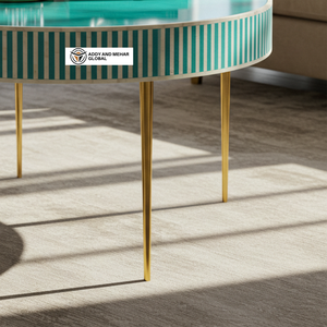 Mesa de Centro Redonda de Madera con Incrustaciones de Hueso Azul Cielo Moderno Artesanal con Base de Metal Dorado - Product Image 4