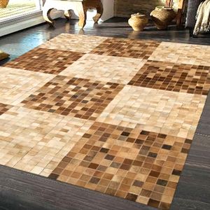 Tapis et ensembles de tapis géométriques modernes en cuir naturel marron et beige, tissage plat et échec et mat - Product Image 2