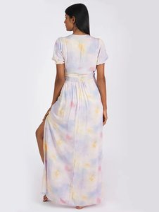 Robe d'été colorée à fleurs pour femmes Maxi longueur manches courtes décontracté longueur au sol taille naturelle tissée - Product Image 4