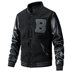 Men's Leather Lettermen Jacket Stand Collar Breathable Reversible <b>Button</b> Front Warm Inner Lining Casual Outerwear - Product Image 1