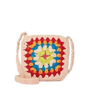 Small crochet shoulder handbag with multi-color crochet. Open with a Zipper on top and is line in Customized Multi-Color