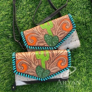 มาใหม่มือเครื่องมือแกะสลักกระเป๋าสตางค์หนังคลัทช์เคสโทรศัพท์หนัง Cowhide สไตล์สีเทอร์ควอยซ์กระเป๋าสตางค์สําหรับผู้หญิง - Product Image 3