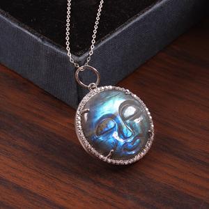 Pendentif fin pour femme en argent sterling 925 avec lunette en Labradorite blanche CZ incrustation de visage de lune pour collier - Product Image 6