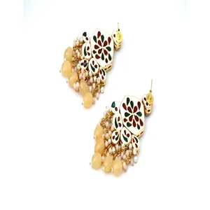 Gold-Plated Light Yellow Tumble and Polki Kundan <b>Studded</b> Bridal and Fine Jewelry Set with Zircon Main Stone - Product Image 5