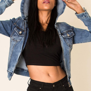 Chaqueta vaquera recortada para mujer, precio al por mayor, prendas de vestir informales, forro de lana, chaqueta vaquera larga azul, abrigo de tela estampada de algodón, 2025 - Product Image 2