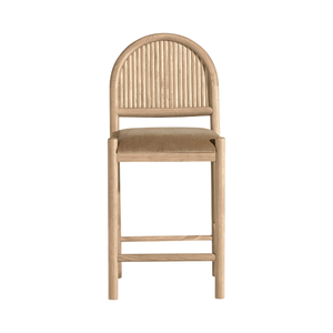 Modern <b>Rounded</b> Back Solid Teak Bar Stool with Vertical Slatted Design and <b>Cushion</b> for Home Bar & Hotel Use - Product Image 2