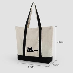 Embroidered Cat <b>Beach</b> Tote <b>Bag</b> <b>Large</b> Cotton Canvas with Zipper Closure Rattan Material for All Seasons - Product Image 5