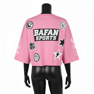 Camiseta corta de algodón para mujer, estilo urbano, color rosa, con parche de chenilla bordado, ropa personalizada, camiseta corta de algodón para mujer - Product Image 2