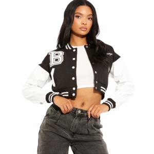 Logo personnalisé Letterman Crop Varsity Veste pour dames en gros Corps en laine en cuir véritable manches femmes recadrée Varsity Vestes - Product Image 1