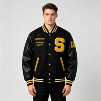 Jaket Varsity Wol Hitam Kustom Pria Lengan Kulit Tekstur 3D Jaket Letterman Bordir Chenille Jaket Baseball Pabrik OEM