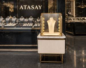 Vitrine à bijoux en bois finition or de luxe, avec base en marbre, éclairage LED, robuste et durable, pour magasin de détail - Product Image 1