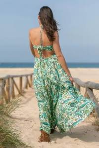 Verano algodón mujeres estampado sin mangas Casual Maxi vestido ropa de playa bohemio cuello en V estampado Floral Vestidos para mujeres - Product Image 4