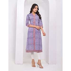 Kurti Azul de Algodón con Estampado de Bloques, Ropa Tradicional India Étnica Cosida para Uso Diario, Fiestas y Ocasiones Especiales, Tela de Red - Product Image 3