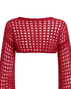 <b>Womens</b> <b>Red</b> Crochet Knit Cropped Sweater With Open Weave Design <b>Long</b> Flare <b>Sleeves</b> Fashionable Casual Streetwear <b>Top</b> - Product Image 4