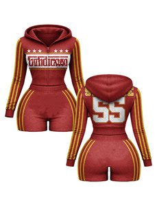 Conjunto de sudadera con capucha elástica de poliéster y spandex premium, pantalones cortos tipo booty con panel en contraste, logotipo con transferencia térmica, camiseta 100% algodón y pantalones cortos tipo booty. - Product Image 2