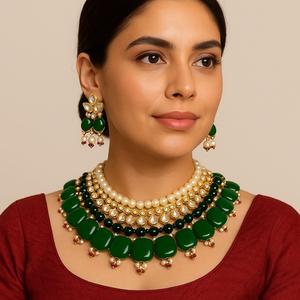 Classic <b>Kundan</b> Polki Necklace Set Handcrafted Brass <b>Jewelry</b> for Ethnic Wear Gold Finish Necklace and Earrings for Weddings - Product Image 1