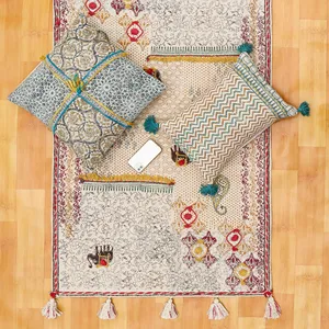 优雅地毯刺绣庭院地毯祈祷垫几何棉块印花手工厨房德赫里室内100% 棉地毯