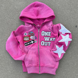 Haute qualité lavage à l'acide Streetwear Boxy recadrée en détresse Vintage broderie Patch sweat à capuche zippé français Terry à capuche personnalisé - Product Image 2