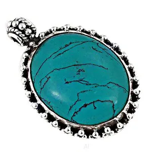 Pendentif ovale en turquoise en argent 925 fait à la main, plaqué rhodium, cadeau - Product Image 1