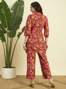 Premium Cotton Floral <b>Short</b> Kurti Palazzo One Set <b>Women</b> | Summer | Slit Design | Button Pattern | Breathable Fabric | Casual - Product Image 6