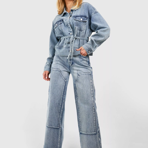 Chaqueta de camionero de mezclilla corta con lazo a prueba de viento móvil de dos bolsillos delanteros Unisex 100% algodón característica a prueba de viento móvil personalizada - Product Image 3