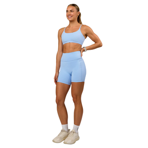 Light Blue High <b>Waist</b> Sport <b>Shorts</b> <b>Women</b> Knitted Spandex Polyester Quick Dry <b>Elastic</b> <b>Waist</b> Regular Fit Solid Color Athletic Wear - Product Image 1
