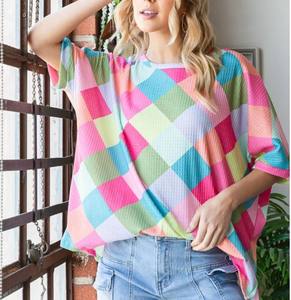 New Arrival High Rayon Women's Oversized <b>WAFFLE</b> T-Shirt Custom Color Block Print Loose Crew Neck XL Size Eco-Friendly Breathable - Product Image 3