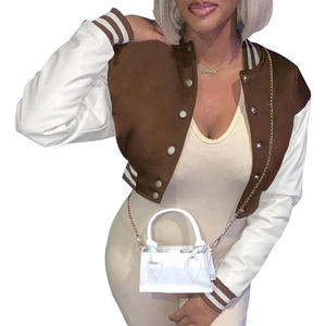 Haute qualité dernière conception femmes recadrée varsité veste marron couleur peau de vache en cuir manches Lettermen brodé Style de rue - Product Image 6