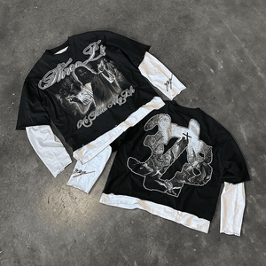 เสื้อยืดแขนยาวสองชั้นหลากสีสไตล์วินเทจซักได้เสื้อยืดเย็บโบซี่ผ้าฝ้าย100% ออกแบบโลโก้ได้ตามต้องการพิมพ์ลายเทอร์รี่ - Product Image 1