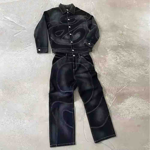 Chándales informales de invierno de gran tamaño personalizados con diamantes de imitación estilo holgado lavado con ácido pantalones de chándal con cremallera conjunto para hombres OEM - Product Image 4