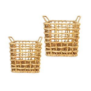 Panier de rangement rond en bambou et rotin durable avec poignées et doublure en coton, idéal pour le rangement et la décoration. - Product Image 1