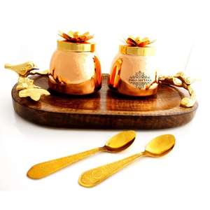 Ensemble de 3 récipients et bocaux en cuivre pour fruits secs Plateau en bois avec poignées de luxe Vente à chaud de bocaux en métal pour noix Ensembles de cadeaux - Product Image 3