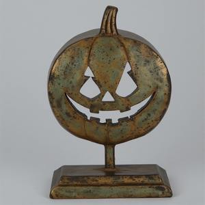 unique aluminium pumpkin <b>decor</b> piece, patina green finish, pierced hollow design crafted for luxury <b>Halloween</b> festive interiors - Product Image 2