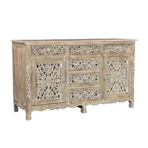 Conception de sculpture traditionnelle Buffet rustique en bois de manguier massif Salon de luxe et cuisine Rangement Buffet Cabinet - Product Image 1