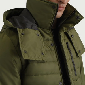 Olive Green Quilted Padded Hooded <b>Jacket</b> for Men Water-Resistant Winter Outerwear <b>Fleece</b> <b>Lining</b> Adjustable Hood Stand Streetwear - Product Image 5