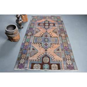 Auténtica alfombra turca Vintage 4,2X7,8 pies azul marrón Patchwork diseño hecho a mano lana látex respaldo ecológico pila mediana - Product Image 1