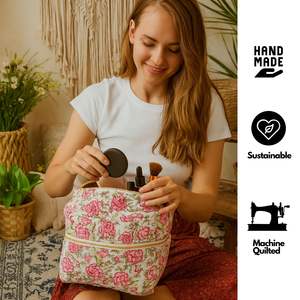 Elegante bolso de tocador de algodón con estampado de bloques de mano con cierre de cremallera de diseño acolchado, compartimentos espaciosos para viajes y todos los días - Product Image 5