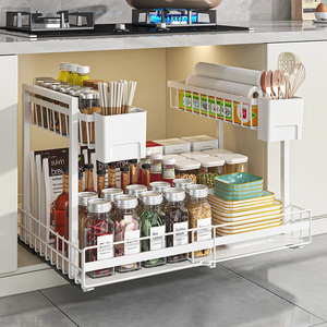 Organisateur coulissant ajustable sous l'évier en acier au carbone, étagère de rangement coulissante à double couche extensible pour armoire de cuisine - Product Image 4
