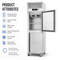 Réfrigérateur vertical commercial 500L à deux portes, en acier inoxydable, avec refroidissement par ventilateur et compresseur Embraco