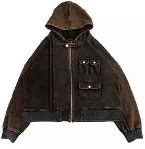 Nouveaux sweats à capuche surdimensionnés pour hommes en denim tendance, logo personnalisé, 100% coton, couleur unie, streetwear, sweats à capuche à fermeture éclair délavés à l'acide - Product Image 6