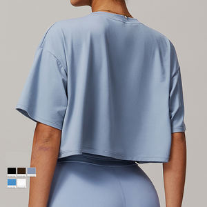 T-shirt court décontracté XS pour femme Slim Fit doux Polyester Coton O-Neck Crew Anti-Pilling Légèrement recadrée Logo Décoration Top - Product Image 2