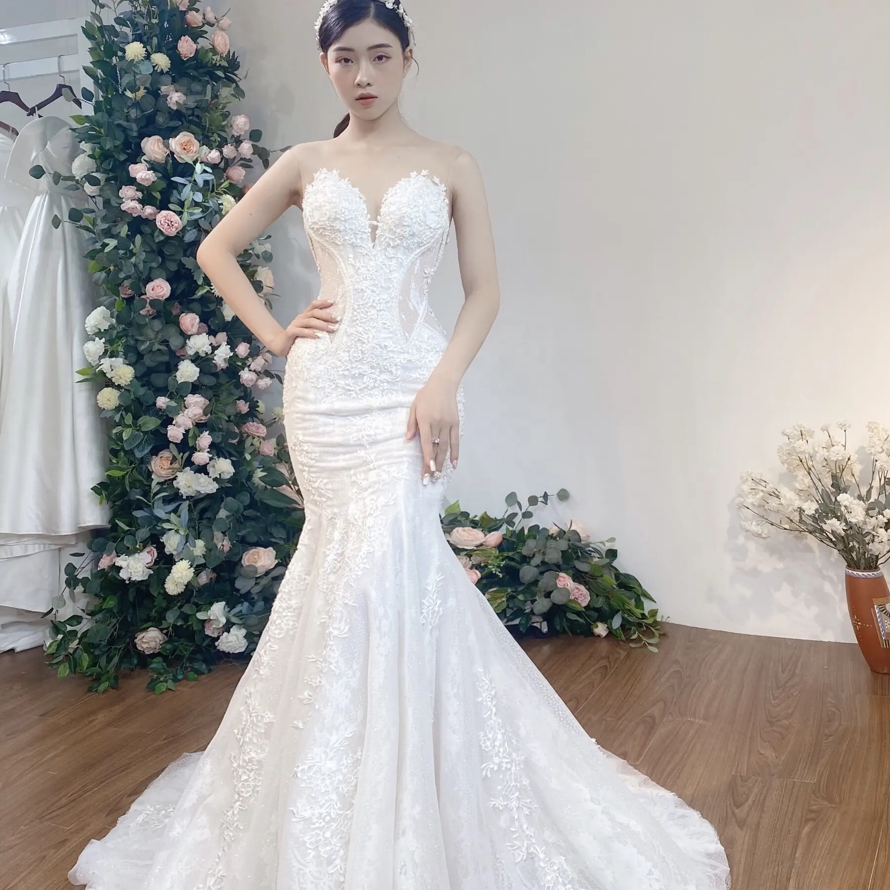 OEM Manufacture High Quality wedding dress wholesale mermaid dress lace long tail add beading by handmade TNBPno46