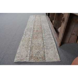 Tapis en laine turque vintage de 2.3x7,5 pieds, tissage à plat en patchwork beige et bleu pour les décorations de salon avec support en latex - Product Image 2