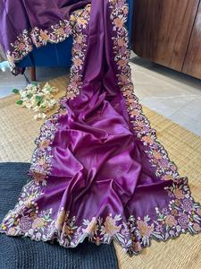 Sari de Seda Suave de Diseñador con Bordado de Hilo de Viscosa, para Bodas, Fiestas y Eventos, Atuendo Elegante para Adultos - Product Image 5